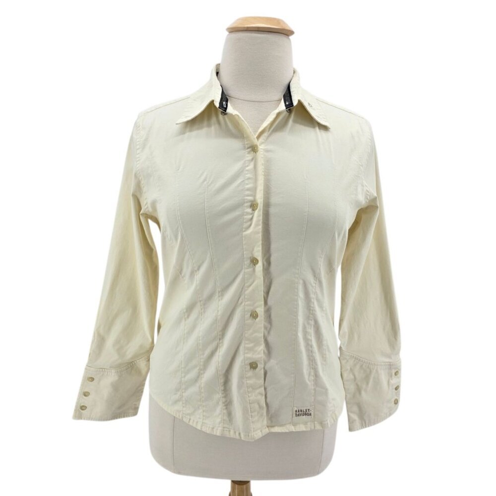 Vintage Harley Davidson Womens XL Top Button Down Ivory Fitted Stretch Shirt